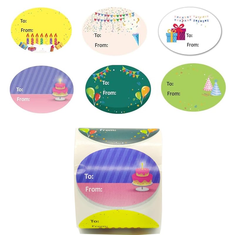 Remarkable Happy Birthday Gift Tag Stickers for Presents 6 Different Unique Cute Designs 1.5 x 2 Inch 300 Adhesive Labels On A Roll for Birthday, Party, Baby Shower Christmas Festival Holiday Decorative Presents - Image 1